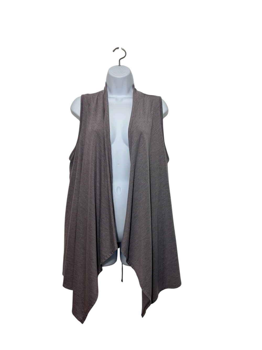 Olivia Sky Gray Draped Open Front Lagenlook Vest SzL Drawstring Waterfall Hem